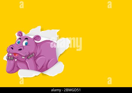 Background template design with wild hippo on yellow paper illustration Stock Vector