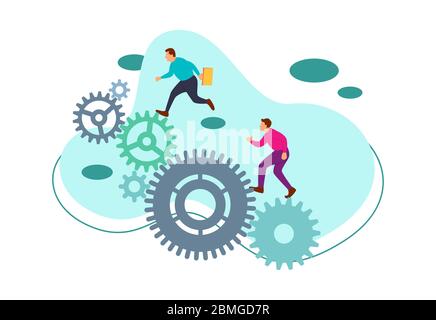 Flat vector illustration of two business men walking on a set of gears. The concept of competition at work. with a combination of blue and pink. Stock Vector