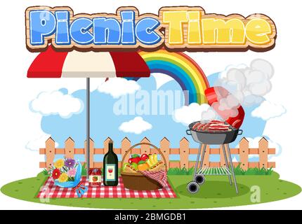 Font design for picnic time with food in the park illustration Stock Vector