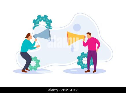 Flat vector illustration of two business men standing and talking to each other using a megaphone. The concept of a debate on an issue. Stock Vector