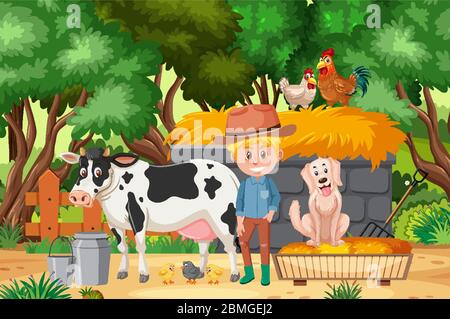 Scene with farmer and many animals in the park illustration Stock Vector