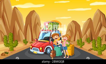 Scene with tourist driving on the road at sunset illustration Stock Vector