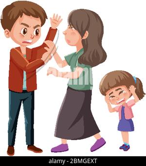 Domestic violence scene with parents fighting in front of little girl illustration Stock Vector