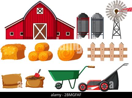 Set of farming equipments on white background illustration Stock Vector