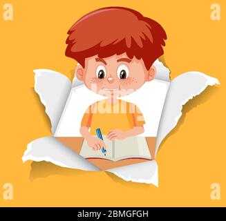 Background template design with happy boy writing illustration Stock Vector