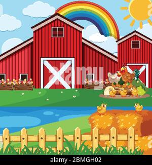 Farm scene with many chickens on the farm illustration Stock Vector ...