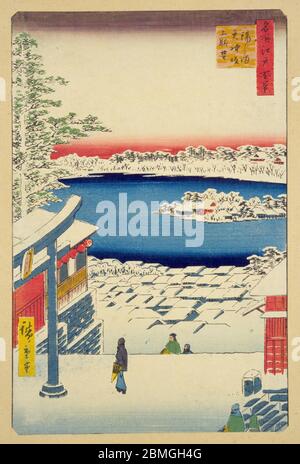 [ 1850s Japan - Shinobazu Pond in Winter ] —   A wintry Shinobazu Pond with Bentenjima Island (弁天島) as seen from Yushima Tenjin Shrine in Edo (current Tokyo), 1856 (Ansei 3).  This woodblock print is image 117 in One Hundred Famous Views of Edo (名所江戸百景, Meisho Edo Hyakkei), a series created by ukiyoe artist Utagawa Hiroshige (歌川広重, 1797–1858).  It is one of 20 winter scenes in the series.  Title: View from the Hilltop of Yushima Tenjin Shrine (湯しま天神坂上眺望, Yushima Tenjin sakaue chobo)  19th century vintage Ukiyoe woodblock print. Stock Photo