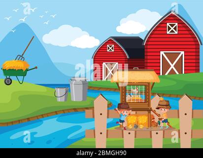 Farm scene with two children feeding chickens on the farm illustration Stock Vector