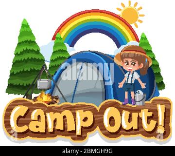 Font design for camp out with tent in the park illustration Stock Vector