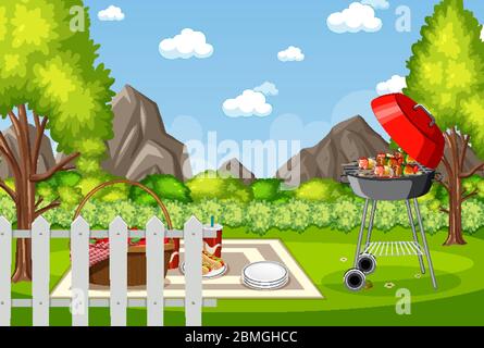 Background scene with BBQ in the park illustration Stock Vector