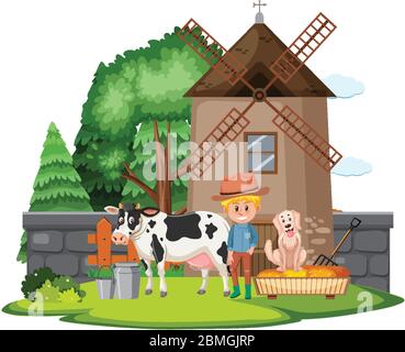 Scene with farmer and farm animals on the farm illustration Stock ...