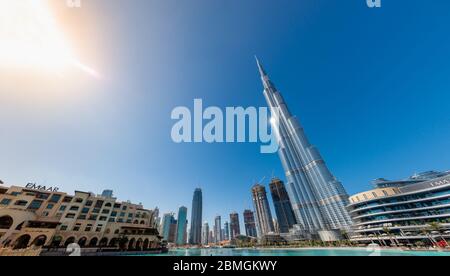 Dubai, UAE - January 25, 2020: Panoramic view of the Burj Khalifa and the Dubai Mall area on January 25, 2020 in Dubai, UAE