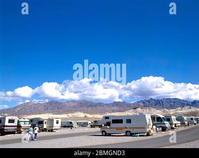 Stovepipe Wells, USA-March 23,2020: RV campsite in the desert landscape of Death Valley national park,U.S.A. Stock Photo