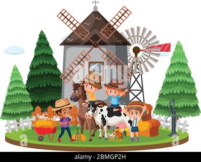 Farm scene with many kids and animals on the farm illustration Stock Vector