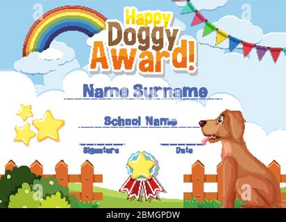 Certificate template design for happy doggy award with cute dog in background illustration Stock Vector