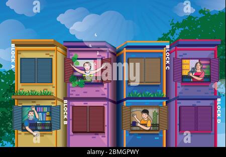 An illustration showing the residents practising Social distance by staying at home and a distance around two metres from other people during the covi Stock Vector