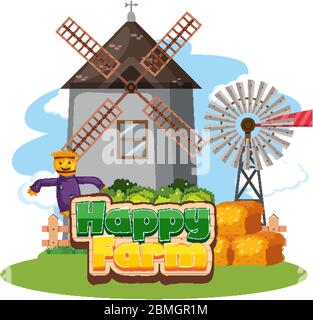 Font design for happy farm with barn and windmill illustration Stock Vector
