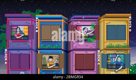 An illustration showing the residents practising Social distance by staying at home and a distance around two metres from other people. Stock Vector