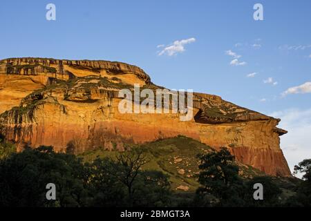 Golden Colors of the Clarence Sandstone cliffs of the Mushroom rock in the late afternoon in the Golden Gate National Park, South Africa Stock Photo