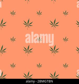 Green cannabis leaves seamless background. Marijuana pattern on light orange background Stock Photo
