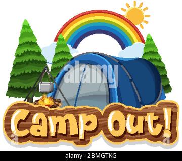 Font design for camp out with tent in the park illustration Stock Vector