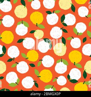 Vector colorful textured pear fruit pen sketch repeat pattern with orange background. Suitable for textile, gift wrap and wallpaper. Stock Vector