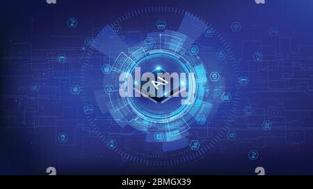 Futuristic and technology dark blue background, CPU chipset and internet of things icons for communication and innovation network concept, with line a Stock Vector