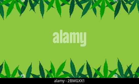 bright green background with hemp leaves seamless frame Stock Vector