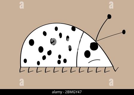 drawn  sad white beetle with black dots and mustache on ocher color background Stock Vector
