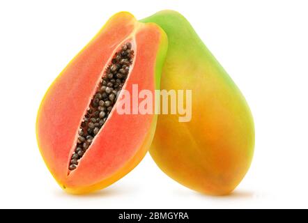 Isolated cut papaya. Multicolored papaya fruit halves isolated on white background Stock Photo
