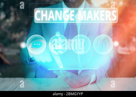 Conceptual hand writing showing Changemakers. Concept meaning Young Turk Influencers Acitivists Urbanization Fashion Gen X Stock Photo