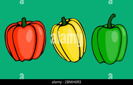Vector hand drawn cartoon illustration of bell peppers. Sketch of farm and garden vegetable, harvesting season. Set of icons isolated on green background Stock Vector