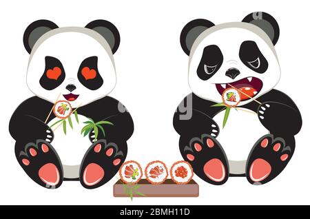 Cute cartoon panda bear eating tasty sushi design. Stock Vector