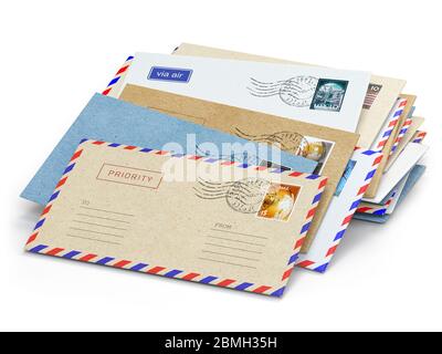 Stack of paper letters with stamps isolated on white background. 3d illustration Stock Photo