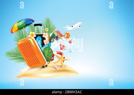Air plane open luggage travel case with Starfish flower palm leaf sand beach element on blue sky background concept for travel vacation in summer time Stock Vector