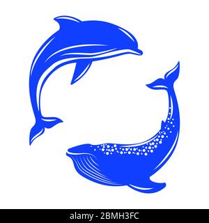 Dolphin and Whale. Vector illustration, flat style. Isolated on white. Stock Vector