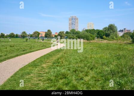 Lordship Recreation Ground, Tottenham, North London, looking towards the Broadwater Farm housing estate Stock Photo