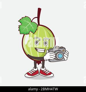 An illustration of Gooseberry Fruit cartoon mascot character as photographer in action with a camera Stock Vector