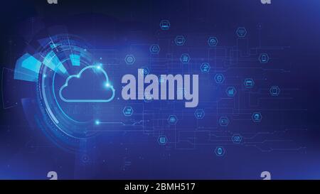 Futuristic and technology dark blue background, Cloud and internet of things icons for communication and innovation network concept, with line arrow g Stock Vector