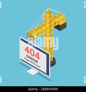 Flat 3d isometric construction crane hanging 404 error page not found sign on monitor. 404 error page not found and web site under construction or mai Stock Vector