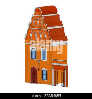 House with gate in perspective view isolated on white background. Town Victorian yellow apartment building. Cartoon european urban house. Stock vector Stock Vector