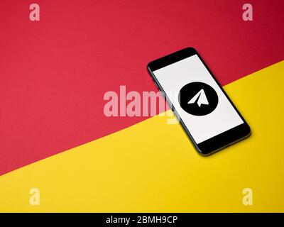 Moskow, Russia - May, 2020 Telegram Iphone Application Screen on colored paper background. Stock Photo