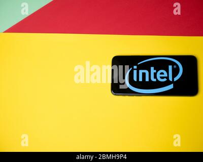 USA - May, 2020 Intel Iphone Screen on colored background. Stock Photo