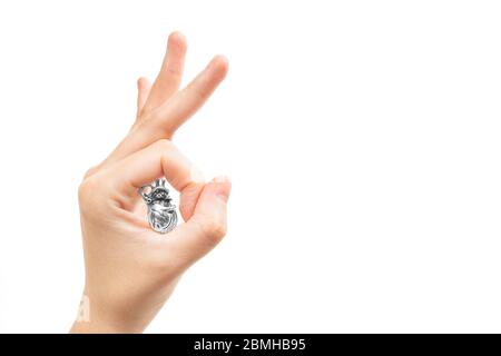 Female hand shows OK ring gesture holding a miniature steel copy of a human heart in the circle between the thumb and index fingers. Stock Photo
