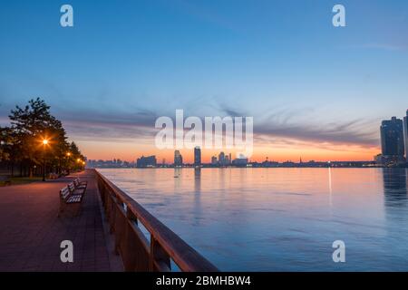 Panoramic View of Manhattan Park With Beatiful Skyline During Early Sunrise Stock Photo