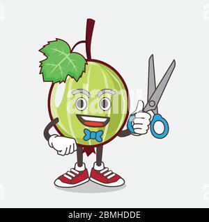 An illustration of Gooseberry Fruit cartoon mascot character as smiling barber with scissors on hand Stock Vector