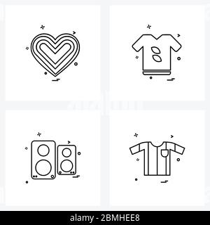 Set of 4 Universal Line Icons of heart, t, valentine, fashion, speaker Vector Illustration Stock Vector