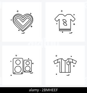 Set of 4 Universal Line Icons of heart, t, valentine, fashion, speaker Vector Illustration Stock Vector