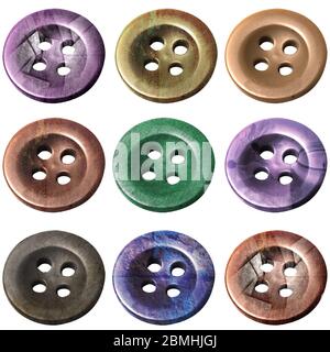 multicolored real buttons with differnt textures on white background for scrapbook. Stock Photo