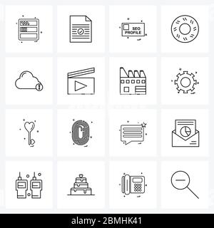 Set of 16 Universal Line Icons of movie, error, web, cloud, eat Vector Illustration Stock Vector